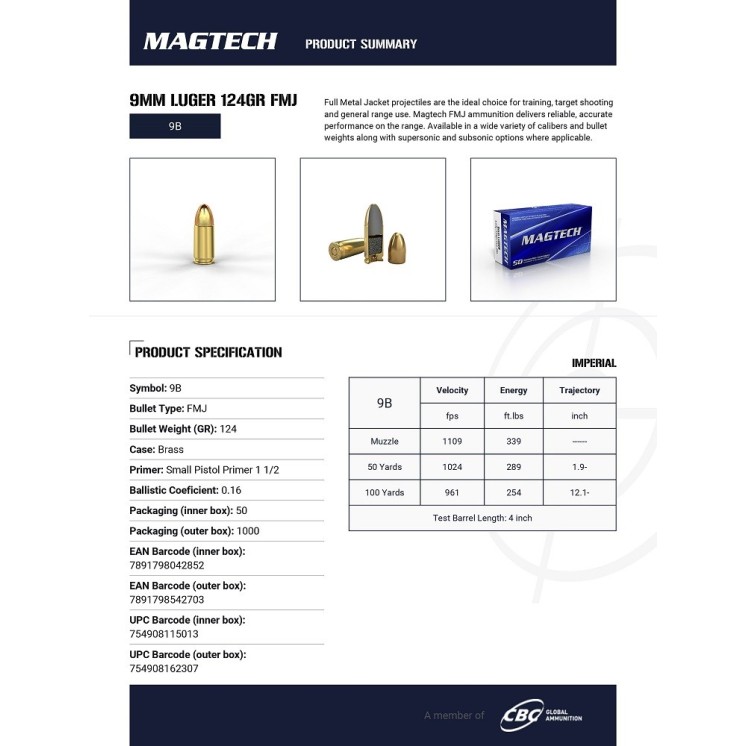 CARTOUCHES MAGTECH 9MM LUGER 124GR FMJ