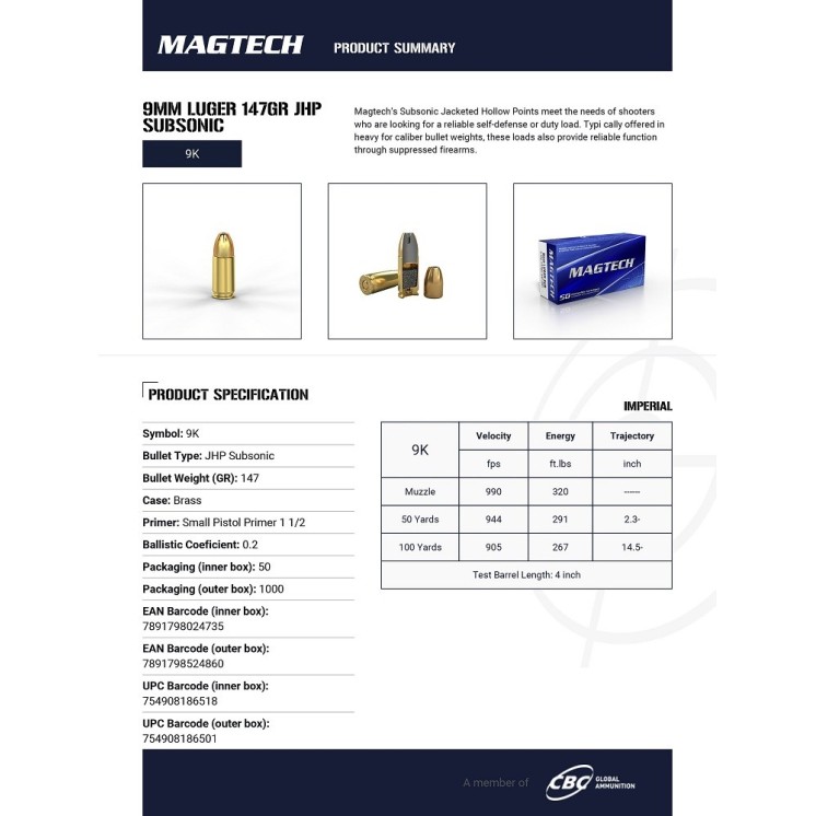 BOITE DE 50 CARTOUCHES CARTOUCHES MAGTECH 9MM LUGER 147GR JHP SUBSONIC CAT B