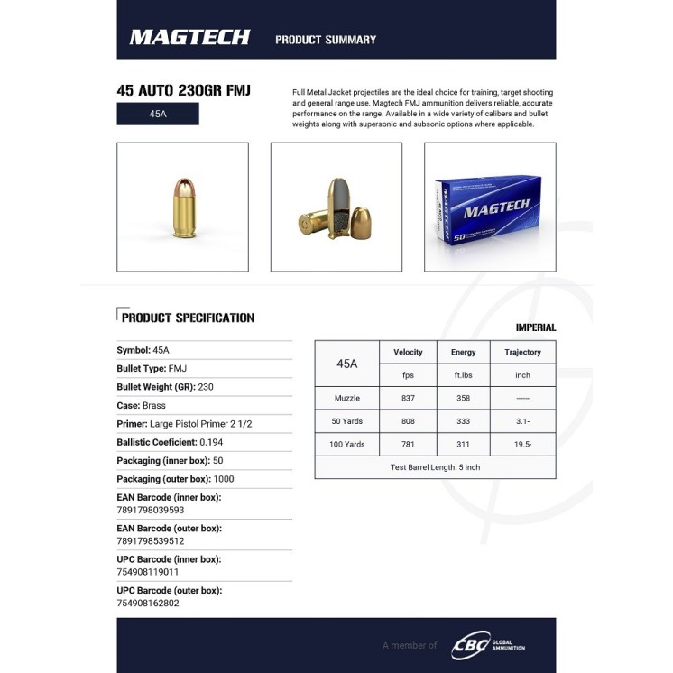 BOITE DE 50 CARTOUCHES MAGTECH 45 AUTO 230GR FMJ CAT B