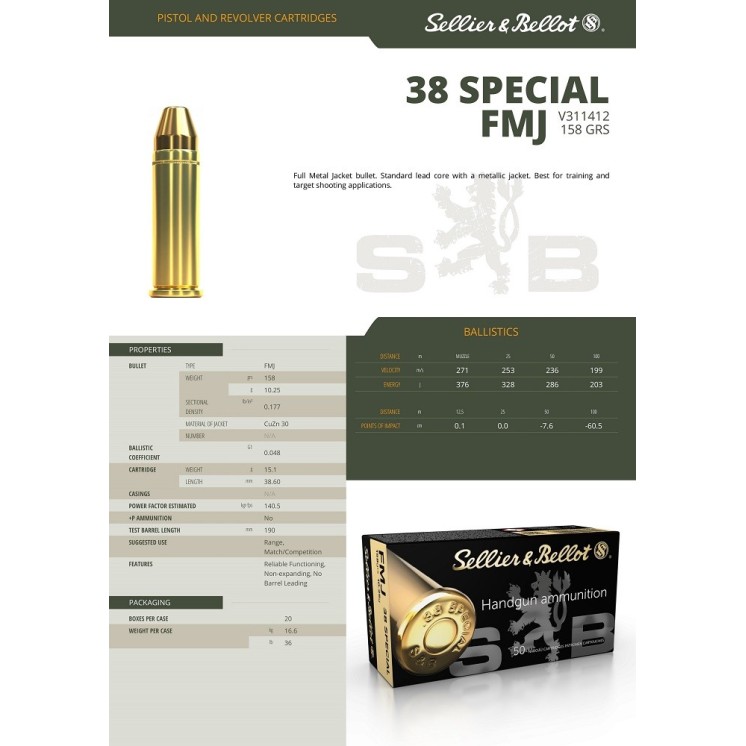 CARTOUCHES SELLIER BELLOT 38SP FMJ 158 GRS 10.25g CAT B