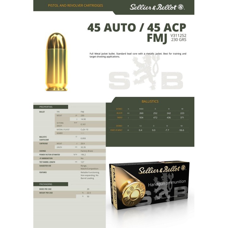 CARTOUCHES SELLIER BELLOT 45 ACP 230 GRS FMJ CAT B