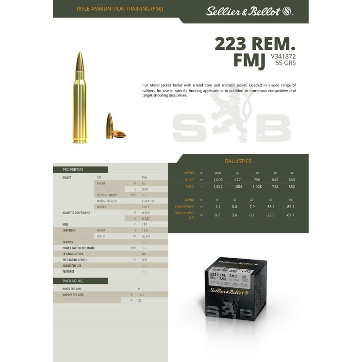 CARTOUCHES SELLIER BELLOT 223 REM 55 GRS FMJ CAT B
