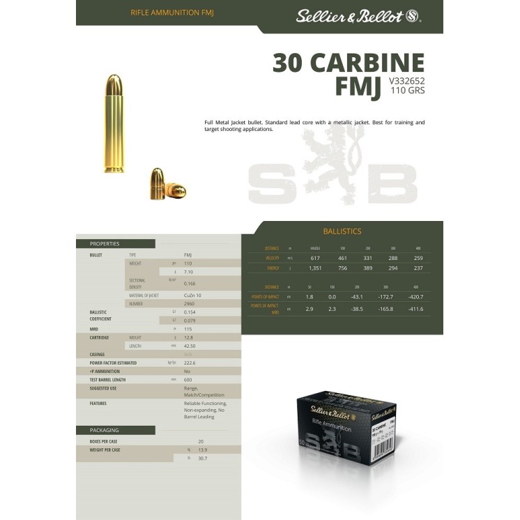 CARTOUCHES SELLIER BELLOT CARBINE FMJ 110 GRS X50 CAT C