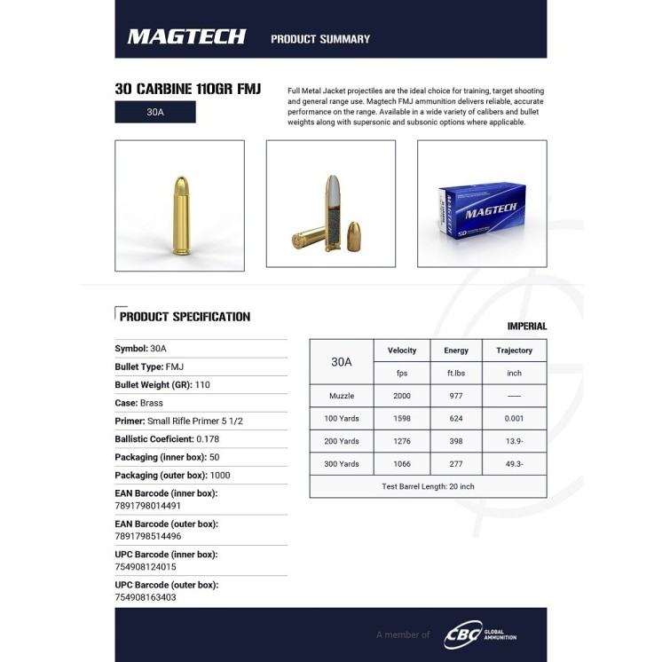 CARTOUCHES MAGTECH 30 CARBINE 110GR FMJ X50 CAT C
